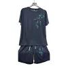 A men's short-sleeved T-shirt and trousers set with dark blue bamboo leaf pattern Item Picture